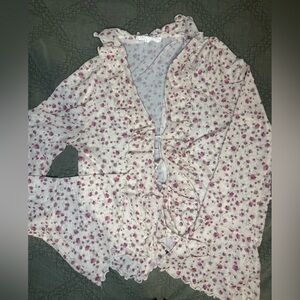 Sheer Pink Rose Floral Top with Ruffle Accents